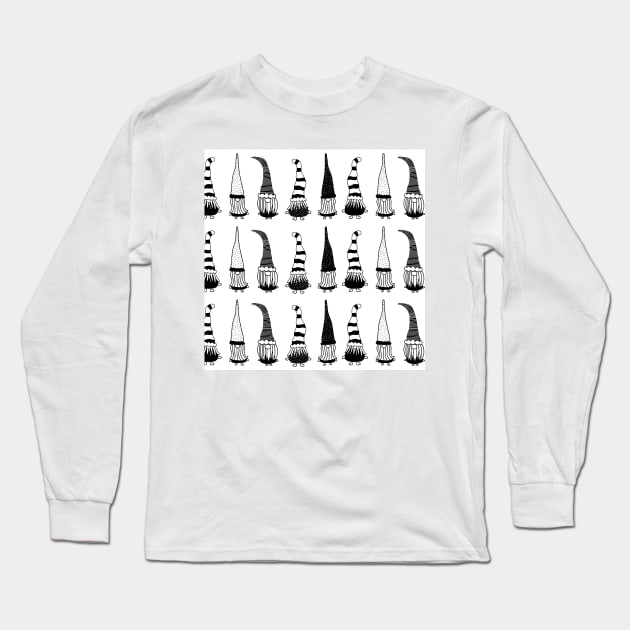 Christmas Gnomes Black On White Long Sleeve T-Shirt by Sandra Hutter Designs